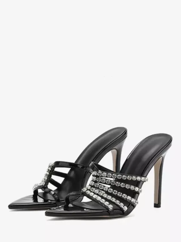High Heel Mules Open Toe Rhinestones Stiletto Heel Slingback Pumps