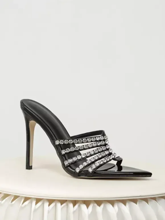 High Heel Mules Open Toe Rhinestones Stiletto Heel Slingback Pumps