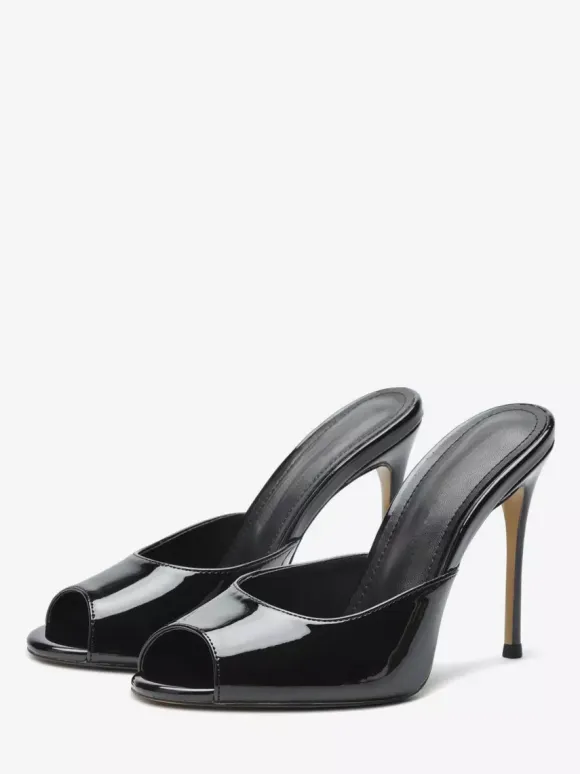 High Heel Mules Peep Toe Black Stiletto Heel Backless Sandals