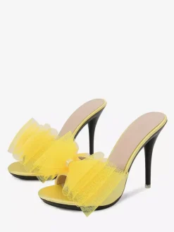 High Heel Mules White Open Toe Bow Backless Pumps For Women