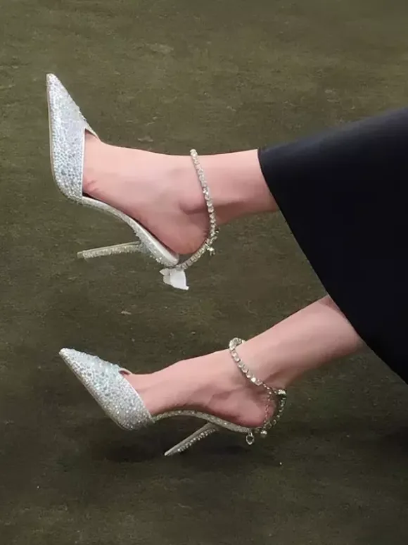 High Heel Party Shoes Glitter Pointed Toe Ankle Strap Pumps