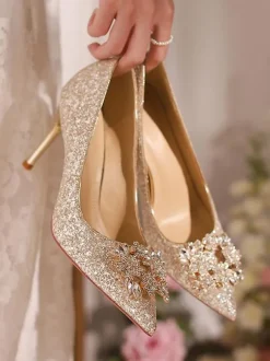 High Heel Party Shoes Glitter Pointed Toe Rhinestones Prom shoes