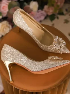 High Heel Party Shoes Glitter Pointed Toe Rhinestones Prom shoes