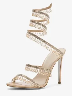 High Heel Prom Sandals Women Open Toe Rhinestones Lace Up Party Shoes