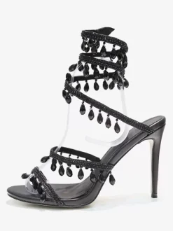 High Heel Prom Sandals Women Open Toe Rhinestones Lace Up Party Shoes