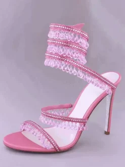 High Heel Prom Sandals Women Open Toe Rhinestones Lace Up Party Shoes