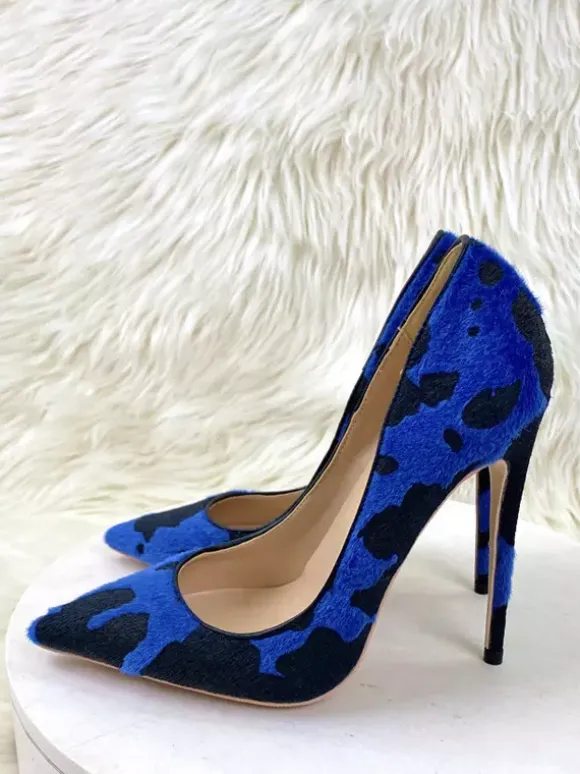 High Heel Pumps Horse Hair Pointed Toe Animal Pattern Slip On Pumps