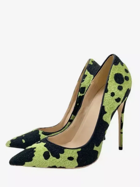 High Heel Pumps Horse Hair Pointed Toe Animal Pattern Slip On Pumps