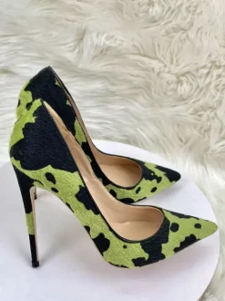 High Heel Pumps Horse Hair Pointed Toe Animal Pattern Slip On Pumps