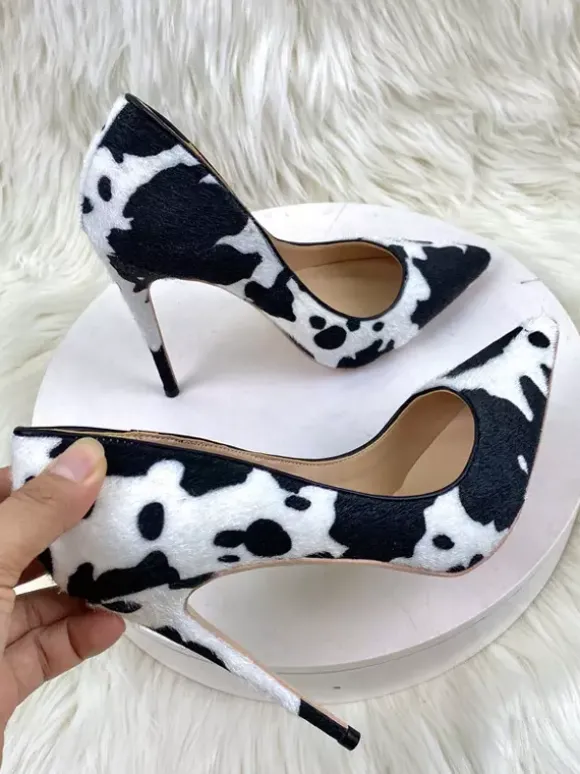 High Heel Pumps Horse Hair Pointed Toe Animal Pattern Slip On Pumps
