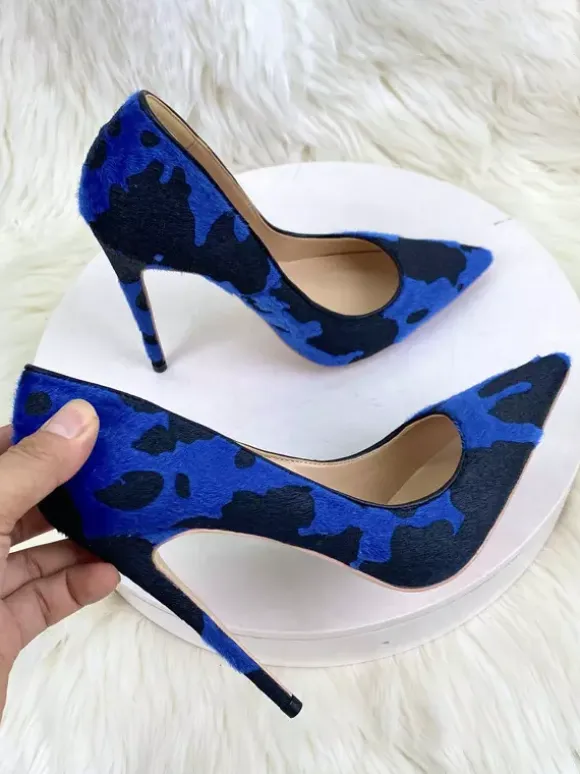 High Heel Pumps Horse Hair Pointed Toe Animal Pattern Slip On Pumps