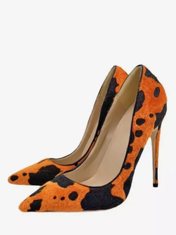 High Heel Pumps Horse Hair Pointed Toe Animal Pattern Slip On Pumps