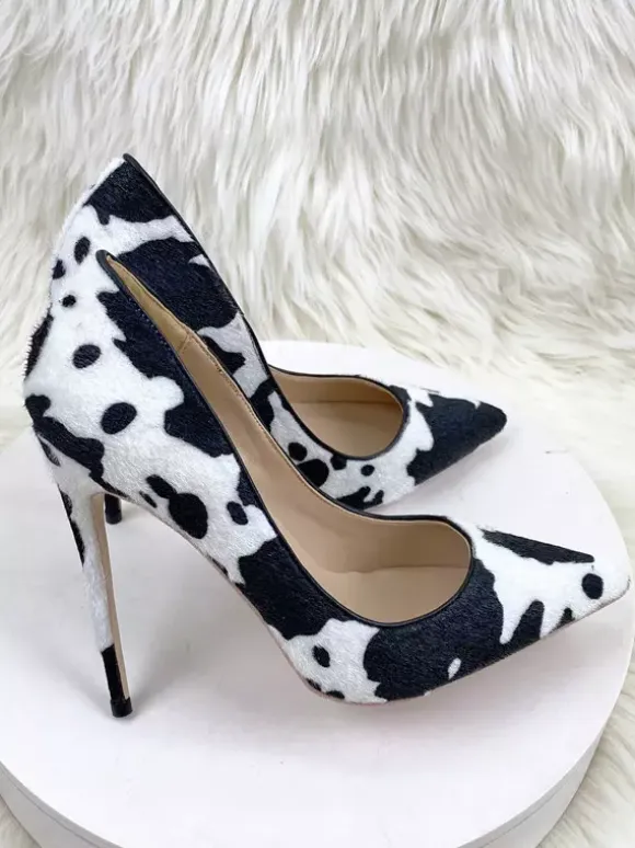 High Heel Pumps Horse Hair Pointed Toe Animal Pattern Slip On Pumps