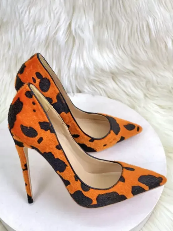 High Heel Pumps Horse Hair Pointed Toe Animal Pattern Slip On Pumps