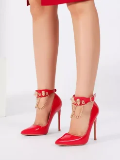 High Heel Sandals Black Pointed Toe Metal Detail Ankel Strap Pumps