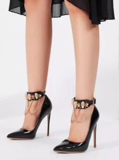High Heel Sandals Black Pointed Toe Metal Detail Ankel Strap Pumps