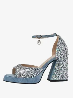 High Heel Sandals Blue Denim Rhinestones Block Heel Ankle Strap Party Shoes
