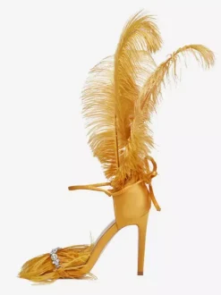 High Heel Sandals Gold Feather Detail Rhinestones Prom Party  shoes
