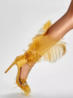 High Heel Sandals Gold Feather Detail Rhinestones Prom Party  shoes