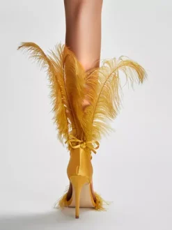 High Heel Sandals Gold Feather Detail Rhinestones Prom Party  shoes