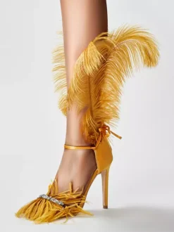 High Heel Sandals Gold Feather Detail Rhinestones Prom Party  shoes