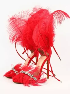 High Heel Sandals Gold Feather Detail Rhinestones Prom Party  shoes