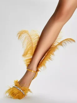 High Heel Sandals Gold Feather Detail Rhinestones Prom Party  shoes