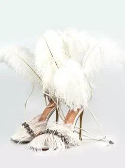 High Heel Sandals Gold Feather Detail Rhinestones Prom Party  shoes