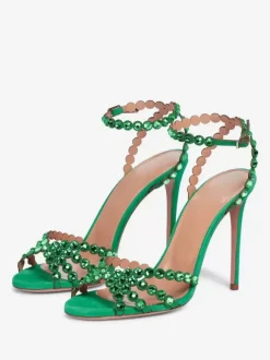 High Heel Sandals Green Open Toe Rhinestones Ankle Strap Stiletto Heel Prom Party Shoes