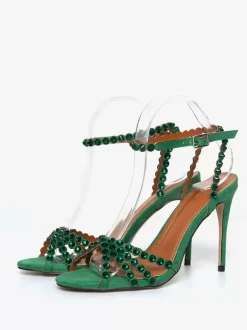 High Heel Sandals Green Open Toe Rhinestones Ankle Strap Stiletto Heel Prom Party Shoes
