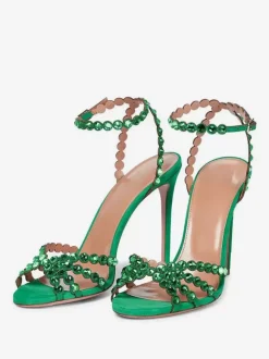 High Heel Sandals Green Open Toe Rhinestones Ankle Strap Stiletto Heel Prom Party Shoes