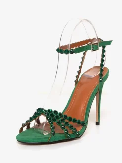 High Heel Sandals Green Open Toe Rhinestones Ankle Strap Stiletto Heel Prom Party Shoes