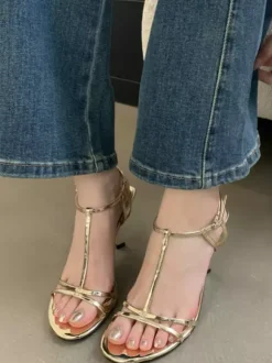 High Heel Sandals Leopard Open Toe T Strap Stiletto Heel Sandal Shoes