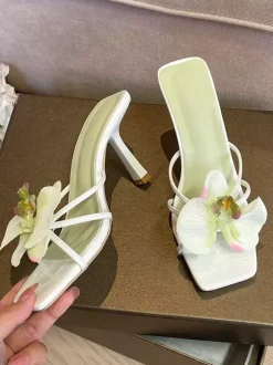 High Heel Sandal Slippers Flowers Detail Beach Sandals For Women