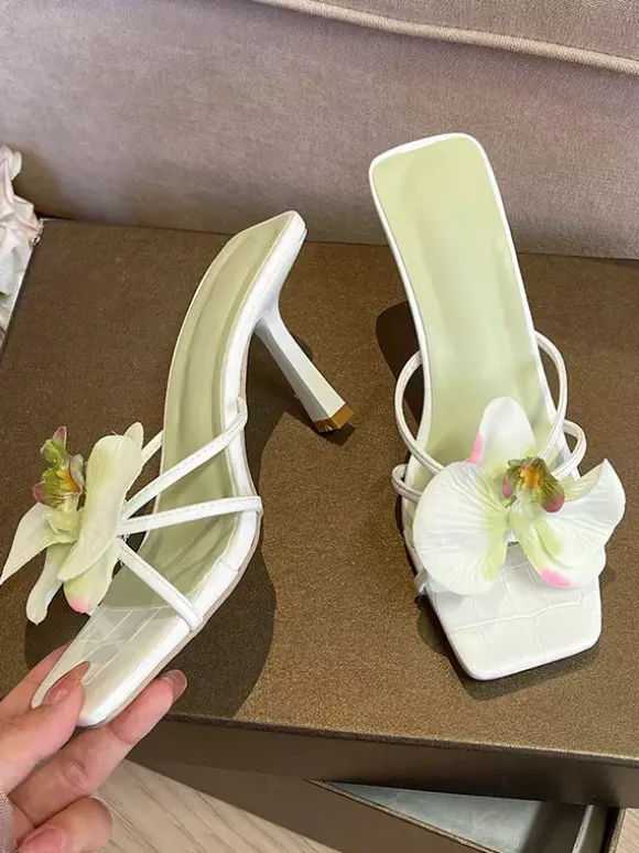 High Heel Sandal Slippers Flowers Detail Beach Sandals For Women