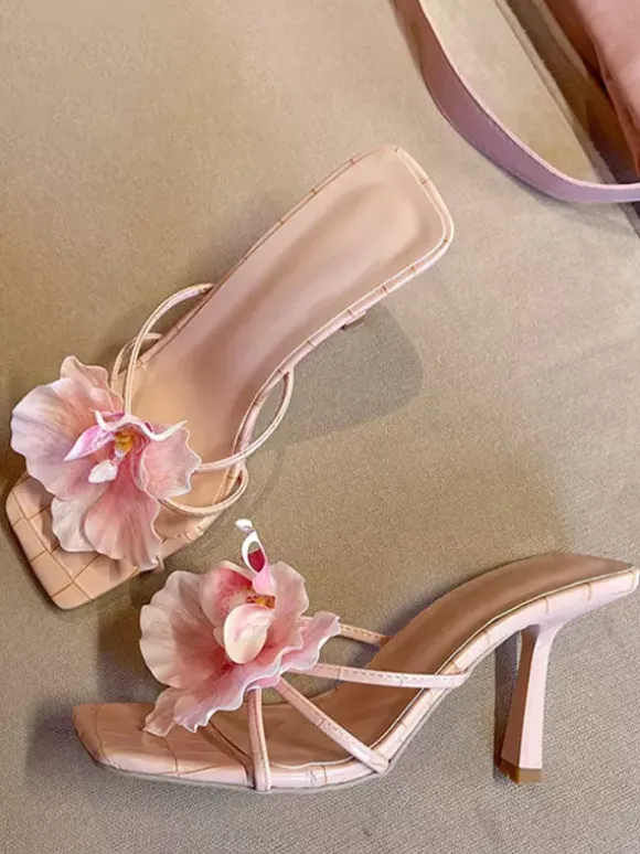 High Heel Sandal Slippers Flowers Detail Beach Sandals For Women