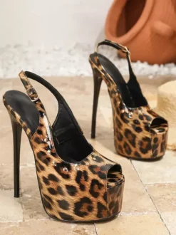 High Heel Sexy Pumps Platform Peep Toe Leopard Slingback Shoes