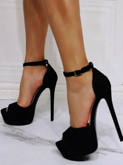 High Heel Sexy Sandals Black Micro Suede Upper Peep Toe Stiletto Heel High Heel Ankle Strap Heels