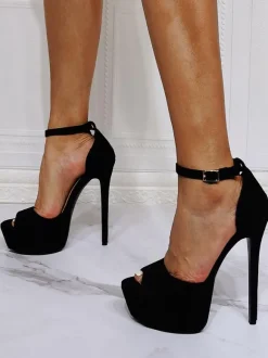 High Heel Sexy Sandals Black Micro Suede Upper Peep Toe Stiletto Heel High Heel Ankle Strap Heels