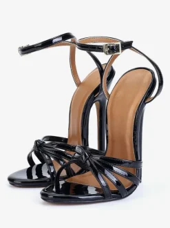 High Heel Sexy Sandals Black PU Leather Open Toe 5.9" Sexy Shoes