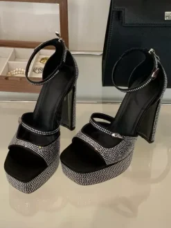 High Heel Sexy Sandals Black Platform Square Toe Rhinestones Chunky Heel Sandals