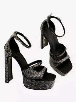 High Heel Sexy Sandals Black Platform Square Toe Rhinestones Chunky Heel Sandals