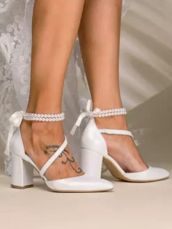 High Heel Wedding Shoes Chunky Heel Bridal Pointed Toe Pearls Ankle Strap Bridal Shoes