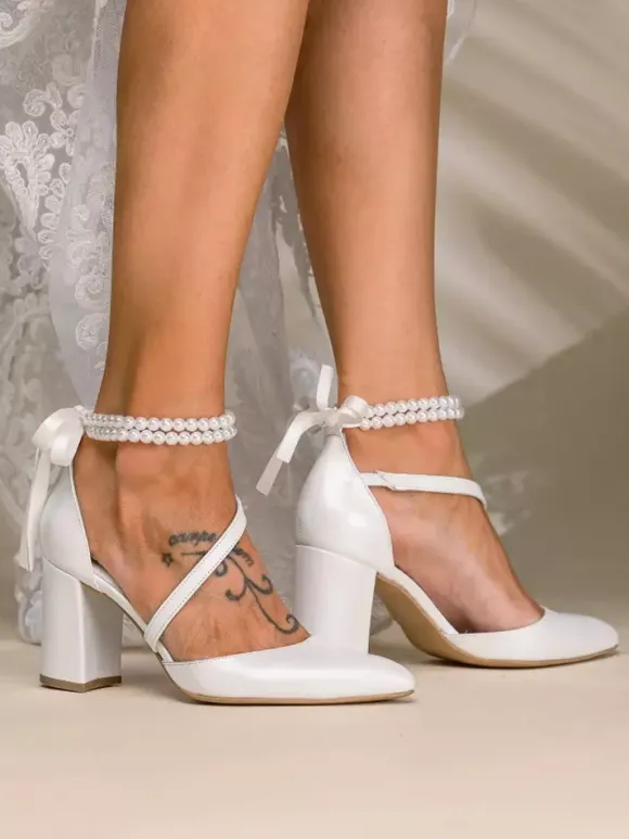 High Heel Wedding Shoes Chunky Heel Bridal Pointed Toe Pearls Ankle Strap Bridal Shoes