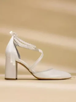 High Heel Wedding Shoes Chunky Heel Bridal Pointed Toe Pearls Ankle Strap Bridal Shoes