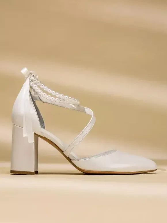 High Heel Wedding Shoes Chunky Heel Bridal Pointed Toe Pearls Ankle Strap Bridal Shoes