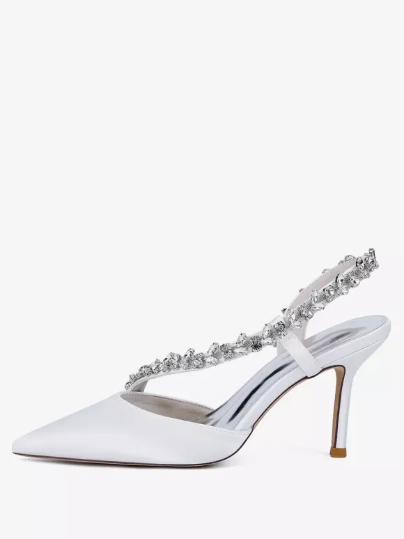 High Heel Wedding Shoes Satin Pointed Toe Rhinestones Stiletto Heel Bridal Shoes