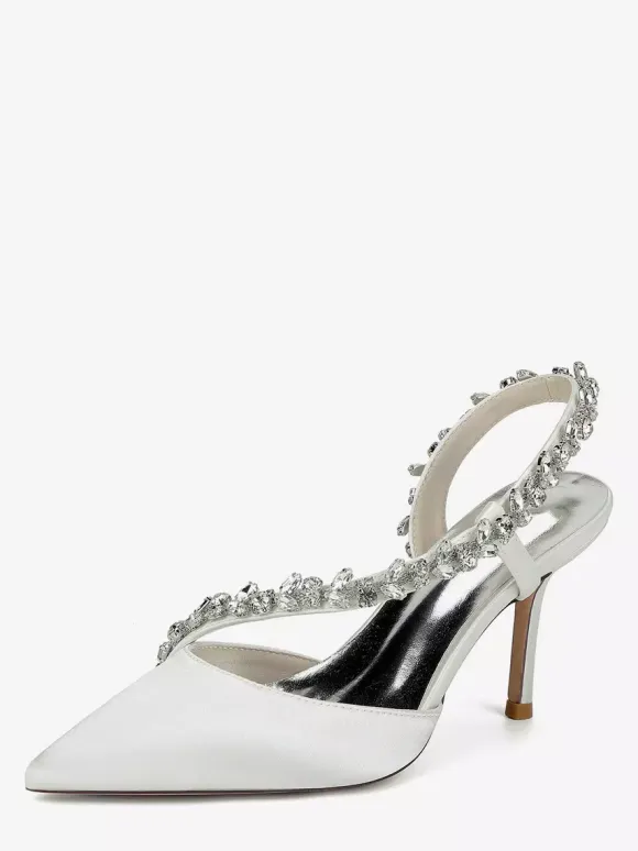 High Heel Wedding Shoes Satin Pointed Toe Rhinestones Stiletto Heel Bridal Shoes