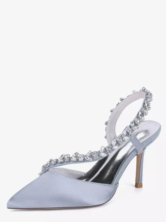 High Heel Wedding Shoes Satin Pointed Toe Rhinestones Stiletto Heel Bridal Shoes