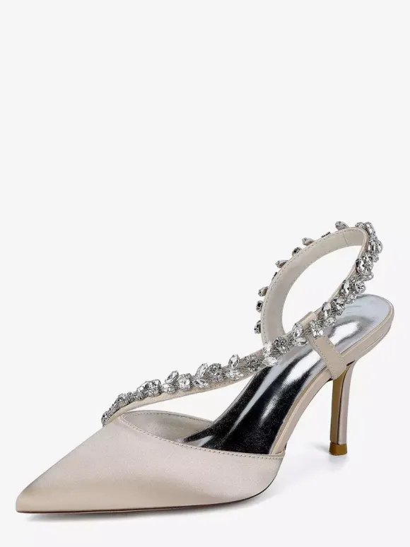 High Heel Wedding Shoes Satin Pointed Toe Rhinestones Stiletto Heel Bridal Shoes